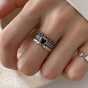 Antique Silver plated Black Heart Stacked Ring